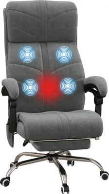 Image de Vinsetto Fauteuil de bureau massant et chauffant, chaise pour ordinateur inclinable, 5 roulettes, avec repose-pieds, revêtement en velours, design moderne, gris