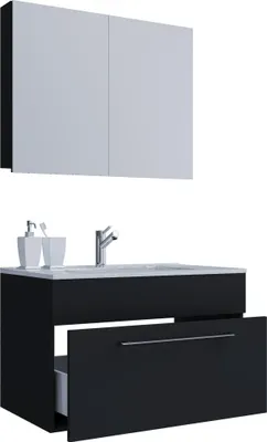Produktbild von VCM 3-tlg. Waschplatz Set Waschtisch Waschbecken Keramik "Sentas Spiegelschrank + 1 Schublade" Schwarz, 80 x T. 46 cm