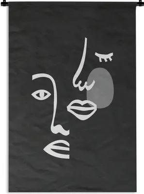Produktbild von MuchoWow® Wandteppich Wandbehang Illustration - Gesicht - Schwarz - Weiß 90x135 cm Tapisserie Dekoration Wandtuch - Baumwolle - Wandskulptur