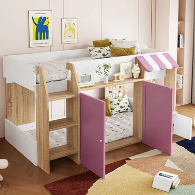 A children's bunk bed with a house-like design, featuring two beds, storage shelves, and purple doors, set in a bedroom with posters on the wall and a colorful rug on the floor.