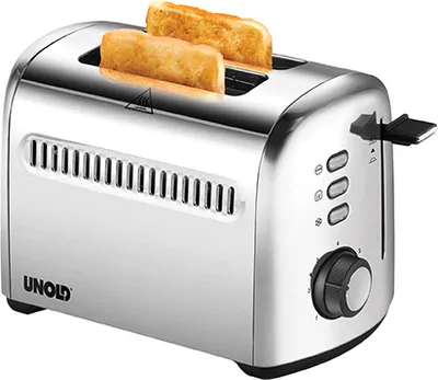 Unold Toaster 2er Retro Silber mit 2 Gebäckfächern, seitlichen Tasten und Drehrad für Einstellungen.