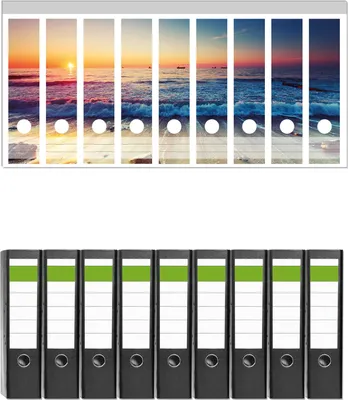 Produktbild von Wallario 9 Stück breite Ordner inkl. Klebeetiketten mit Motive Sonnenuntergang am Meer mit Wellen am Strand -  Set mit Rückenschildern / Ordnerrücken Stickern