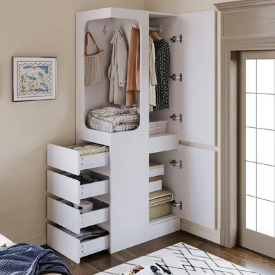 Produktbild von Flieks Eckkleiderschrank mit Tür und 4 Schubladen, Kleiderschrank mit offenem Hängebereich, Garderobenschrank 70x40x170cm, Weiß