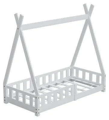 Produktbild von HAGO24 Kinderbett 140x70cm Weiß Tipi Bettgestell Holzhaus Zeltoptik Rausfallschutz Lattenrost Kiefernholz Dekorierbar Montessori Stil Spielbett
