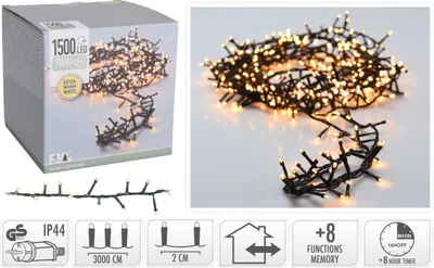 Immagine prodotto di Catena luminosa LED a grappolo 1500er 30m extra bianco caldo con timer e 8 funzioni luminose