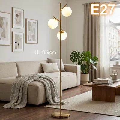Produktbild von Stehleuchte 3-flammig Gold - Modern Retro Stehlampe mit Kugelschirm aus Milchglas, Design Standleuchte mit Fußschalter für Wohnzimmer, E27, 169 cm