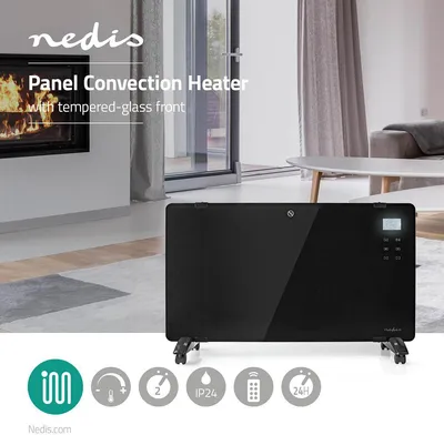 A living room scene with a panel convection heater and lifestyle imagery.