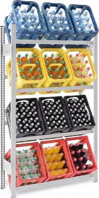 Produktbild von PROREGAL Getränkekistenregal Stecksystem MAGNUS Germany | HxBxT 175x100x30cm | Fachlast 100kg | 4 Ebenen für 12 Getränkekisten | Lichtgrau