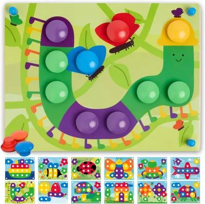 Produktbild von Holz-Einschubspielzeug für Kleinkinder ab 2 Jahren – Montessori-Spielzeug mit bunten Knöpfen und Zuordungskarten – Fördert die Feinmotorik