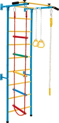 A wall-mounted climbing frame with various attachments.