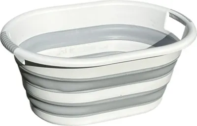 A collapsible laundry basket with handles.