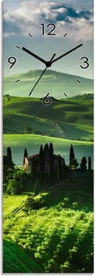 Produktbild von ARTland Glas Wanduhr Funkuhr - schwarzer Zeiger Sonnenaufgang über einer Olivenfarm Größe: 20x60 cm
