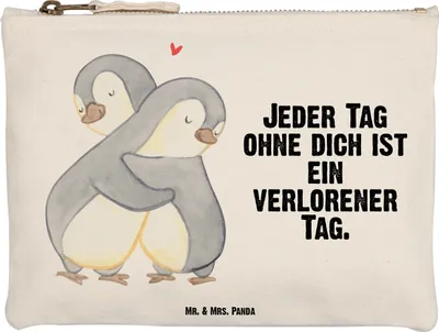 Produktbild von Mr. & Mrs. Panda Waschbeutel Pinguine Kuscheln Größe M - Weiß - Geschenk, Mäppchen, Hochzeitstag, Kulturtasche, Liebesgeschenk, für Partner, beauty case, Etui, Pouch