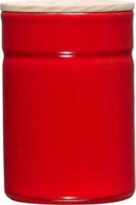 A red ceramic container with a wooden lid.