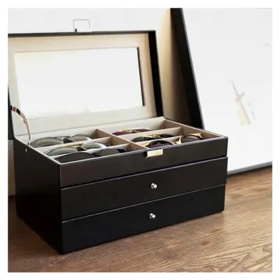Produktbild von Brillenbox mit 3 Etagen für 18 Sonnenbrillen aus Leder mit Glasdeckel