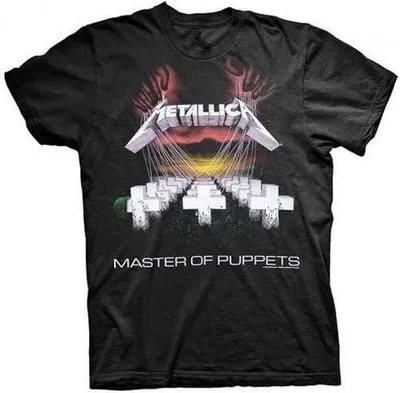 A black t-shirt with the Metallica Master of Puppets album art printed on the front.