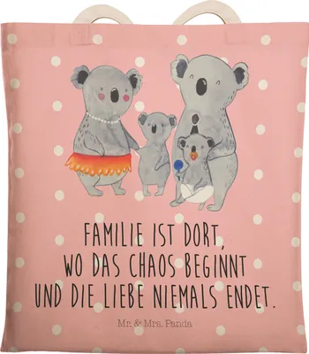 Produktbild von Mr. & Mrs. Panda Tote Bag Koala Familie - Rot Pastell - Geschenk, shopping, Family, Beutel, Tasche, Koalas, Einkaufstasche, Kinder, Muttertag, Stoffbeutel, Papa