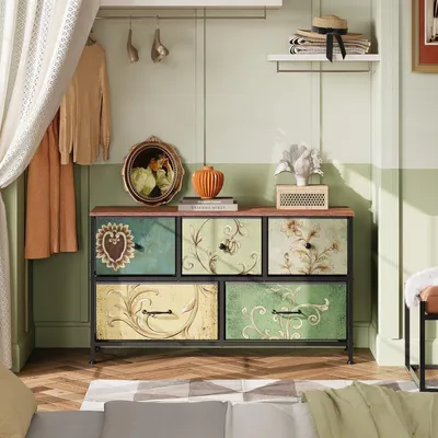 Immagine prodotto di Comodino vintage con 5 cassetti rivestiti in tessuto, struttura in metallo, stile retrò, dimensioni 100x30x100 cm