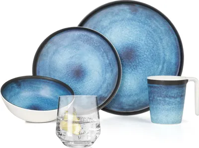 Zdjęcie produktu dla Zestaw naczyń kempingowych z melaminy dla 4 osób Deep Ocean + 4 szklanki Milano Szklanki do wody Zastawa stołowa Piknik BBQ Naczynia kuchenne