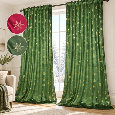 Produktbild von Samt Gardinen Weihnachtsdeko mit Schneeflocke Goldfolie Verdunkelung Thermovorhang Kräuselband Blickdicht, 2er-Set 132x274 cm Grün