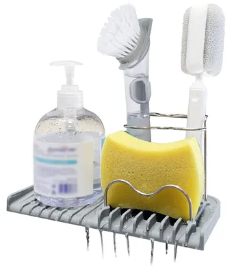 Produktbild von Schwammhalter für Küchenspüle - Organizer mit Abtropffunktion - für Spülutensilien und Seifenablage - Grau
