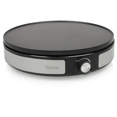 A product shot of a crepe maker on a white background.
