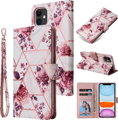 Image de Pour Iphone 11 Housse de téléphone portable Inlay Gold Line Marble Motif Flip Case cuir rose or
