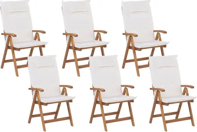 Produktbild von BELIANI Gartenstuhl 6er Set Hellbraun Akazienholz klappbar verstellbar Auflagen Cremeweiß Stoffbezug Rustikal Landhaus Stil Outdoor