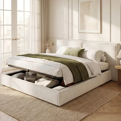 Immagine prodotto di Letto imbottito idraulico Flieks, 180x200 cm, con spazio contenitore, letto a due piazze per ragazzi con testiera imbottita, letto contenitore in tessuto chenille, color beige