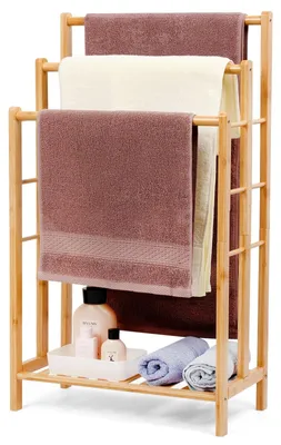 Image de Elzusha - Porte-serviettes en bambou autoportant avec étagère, 3 barres, 86 cm