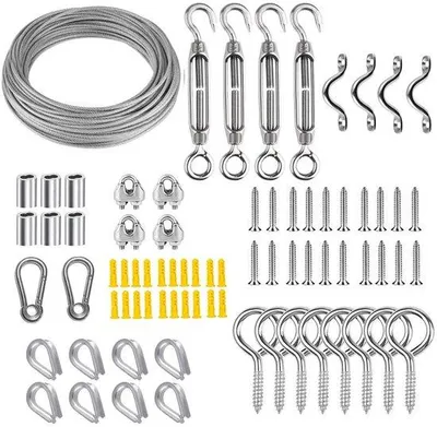 Obrázek produktu pro Ibenzoa® Sada ocelových lan, 77 dílů, délka 15 m, průměr 2 mm (nerezová ocel 304), včetně montážního příslušenství – odolné ocelové lano pro venkovní použití, kabelové svorky a napínací zámky
