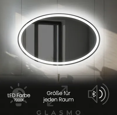 Produktbild von Wandspiegel mit Beleuchtung 110x60 cm India - Horizontal Oval Badspiegel mit LED Beleuchtung - Kaltweiß 7000K - Badezimmerspiegel Lichtspiegel mit Bluetooth-Lautsprecher