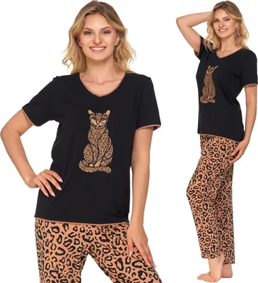 Produktbild von Moraj Damen Schlafanzug lang Pyjama Nachtanzug kurzarm Baumwolle 4600-010, Schwarz/Braun, S