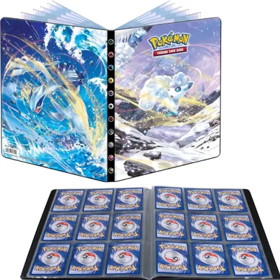 A Pokemon trading card binder is shown open, displaying cards on the bottom and the cover art on the top.