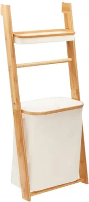 A ladder-style laundry hamper with shelves.