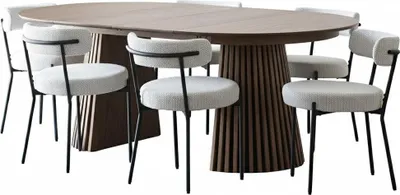 Immagine prodotto di Set sala da pranzo Tokyo: tavolo incl. 2 allunghe Ø120x120-160-200 cm affumicato e 6 sedie in bouclé bianco.
