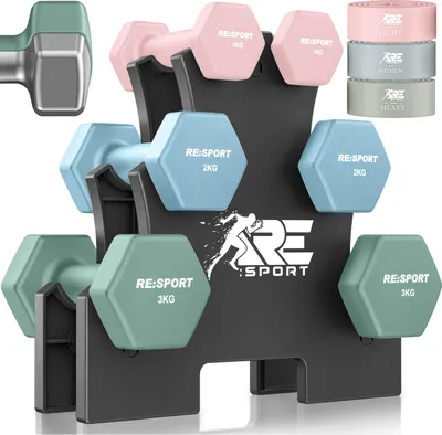 Immagine prodotto di Set di manubri RE:SPORT® da 12 kg con 2×1,5 kg, 2×2,5 kg e 2×3,5 kg, con supporto e 3 bande elastiche | Manubri antiscivolo in neoprene per uomo e donna | Manubri, set di manubri