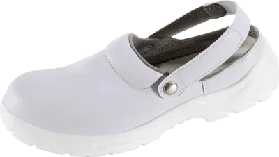 A white clog shoe with a gray interior and a white sole, shown from a side angle against a white background.