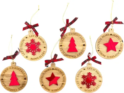 Image de 6 Pendentifs de Noël en bois dans une boîte cadeau - Pendentifs - 11 x 10 cm - Marron/Rouge