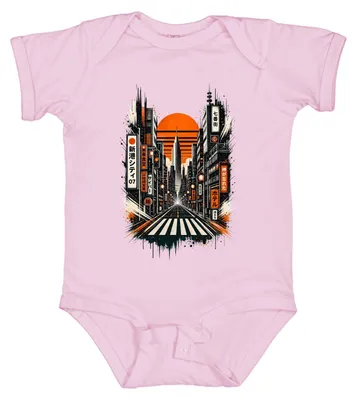 Productafbeelding van Cyberpunk Tokyo, Japan. Stadsbeeld, toekomst, neon, retro, Y2K. Akihabara. Babybody, roze, maat 12/18