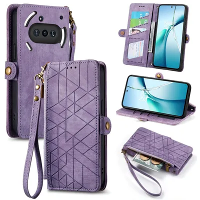 Produktbild von Für Nothing Phone 3a Geometric Design Kunstleder Zipper Book Wallet Tasche mit Schlaufe Lila