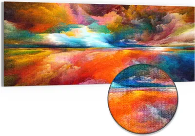 Produktbild von DEQORI Hybrid Leinwand Bild 125x50 cm 'Gespiegelte Farbwolken ' Wandbild Glas flach modern