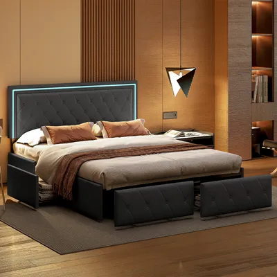 Immagine prodotto di CDGlobal letto imbottito 140x200cm, letto matrimoniale con telecomando e 4 cassetti, letto contenitore letto giovanile con rete a doghe e led, letto funzionale letto in legno massiccio, biancheria, grigio