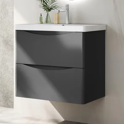 Produktbild von Waschtisch mit Unterschrank 60 cm Smiley Badmöbel Set Hochglanz Dunklegrau Waschbecken mit Unterschrank MDF Softclose