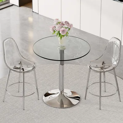 Image de Ensemble de bar, table ronde en verre de 89 cm + 2 tabourets de bar transparents, pieds argentés, design suspendu