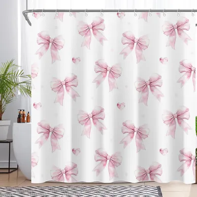 Image de Rideau de douche imperméable blanc à nœuds roses, 180 x 180 cm, pour la salle de bain