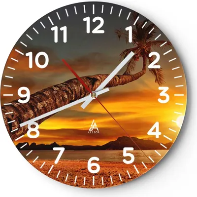 Produktbild von Wanduhr - Rund - Glasuhr - Palme Landschaft Sonne - 40x40cm - Schleichendes Uhrwerk - Lautlos - zum Aufhängen bereit - Dekoration Modern - Wanddekoration aus Glas - C4AR40x40-0162