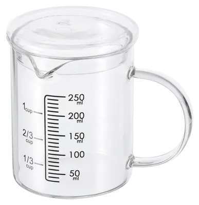 Glas-Messbecher 250 ml, Borosilikatglas, schwarze Skala, mit Deckel