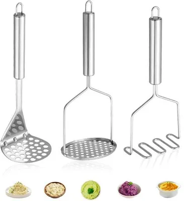 Productafbeelding van Ibenzoa® 3-delige roestvrijstalen set aardappelstampers – multifunctionele stampers voor aardappelpuree, avocado en zacht groentepuree, ergonomisch ontwerp, vaatwasmachinebestendig
