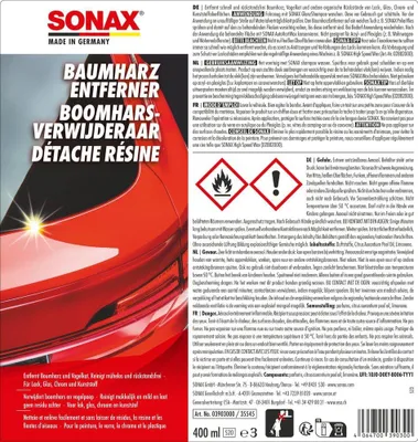Produktbild von Sonax BaumharzEntferner, Auto, Spray, Körper, Scheinwerfer, Rot, Weiß, Chrom, Glas, Kunststoff, SONAX BaumharzEntferner auf ein weiches Tuch sprühen und damit auf den zu behandelnden Flecken...